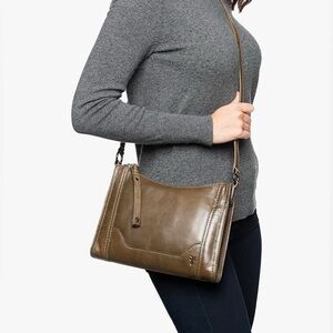 Frye Melissa Zip Leather Crossbody in Khaki. 9” X 11” X 2”. Zip closure.